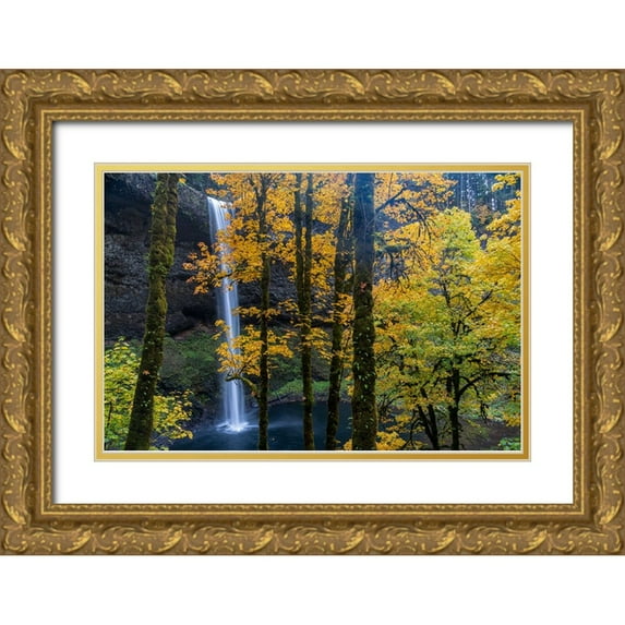 Jaynes Gallery 18x13 Gold Ornate Wood Framed with Double Matting Museum Art Print Titled - USA-Oregon-Silver Falls State Park Tall waterfall and forest in autumn