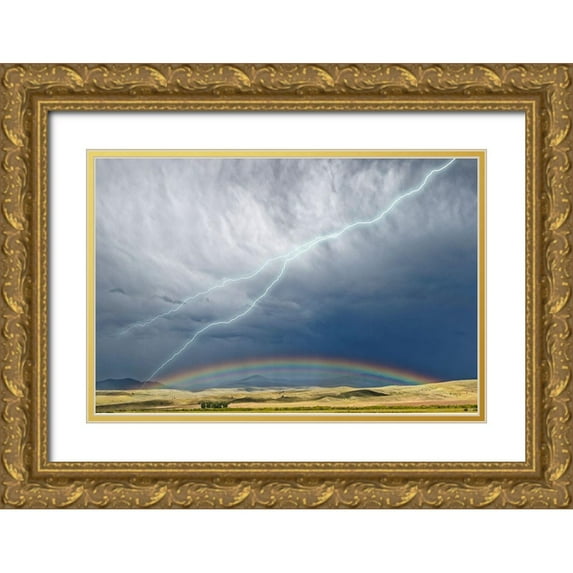 Jaynes Gallery 18x13 Gold Ornate Wood Framed with Double Matting Museum Art Print Titled - Montana-Galen Storm clouds with lightning and rainbow