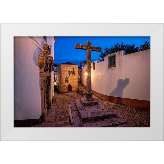 Jaynes Gallery 18x13 White Modern Wood Framed Museum Art Print Titled - Europe-Portugal-Obidos-Church and cross on cobblestone street at sunset