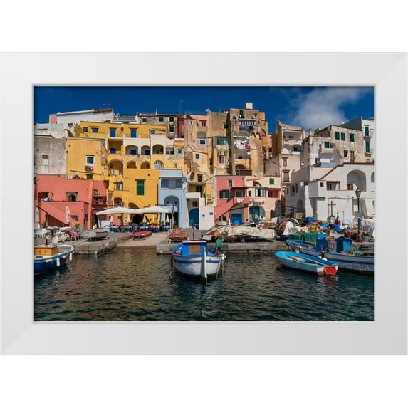 Jaynes Gallery 18x14 White Modern Wood Framed Museum Art Print Titled - Europe-Italy-Procida-City houses and boats in Marina Corricella