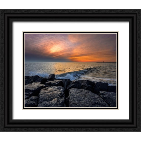 Jaynes Gallery 18x15 Black Ornate Wood Framed with Double Matting Museum Art Print Titled - New Jersey-Cape May National Seashore Sunset on ocean and rocks