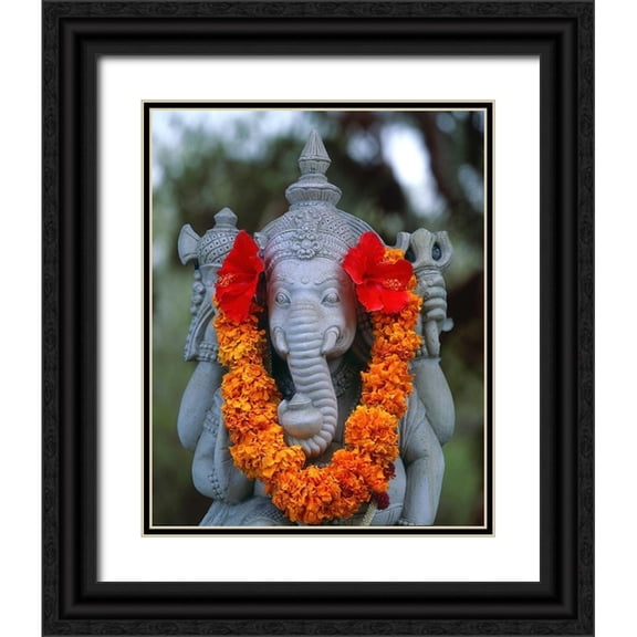 Jaynes Gallery 20x24 Black Ornate Wood Framed with Double Matting Museum Art Print Titled - Indonesia-Bali Garland on statue of the Hindu elephant god-Ganesh