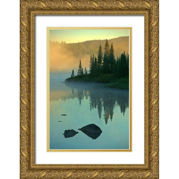 Jaynes Gallery 23x32 Gold Ornate Wood Framed with Double Matting Museum Art Print Titled - Canada-Quebec-Chibougamau Lake in fog at sunrise
