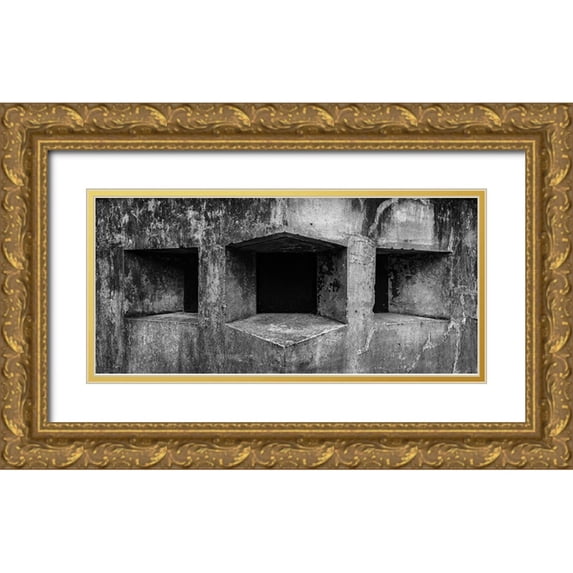 Jaynes Gallery 24x13 Gold Ornate Wood Framed with Double Matting Museum Art Print Titled - USA-Washington State-Fort Flagler State Park Black and white detail of gun ports in wall
