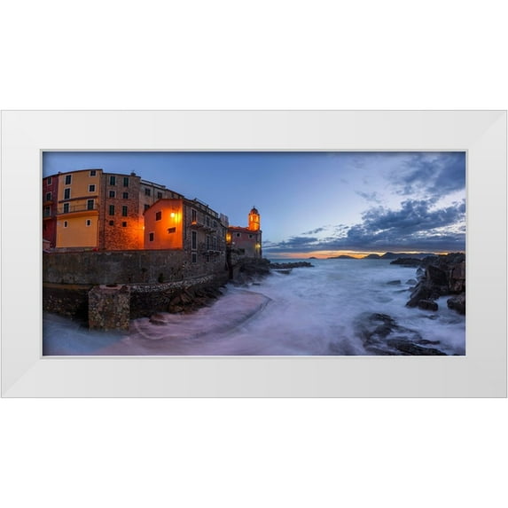 Jaynes Gallery 24x14 White Modern Wood Framed Museum Art Print Titled - Europe-Italy-Tellaro-Panoramic of village and sea at sunset