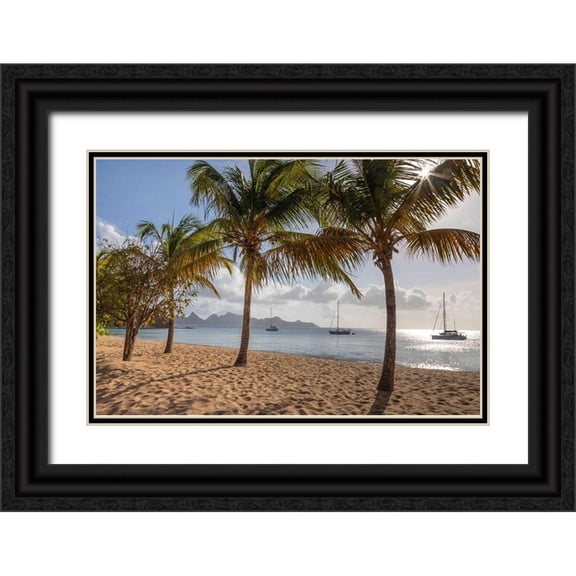 Jaynes Gallery 24x17 Black Ornate Wood Framed with Double Matting Museum Art Print Titled - Caribbean-Grenada-Mayreau Island Sailboats at anchor off beach