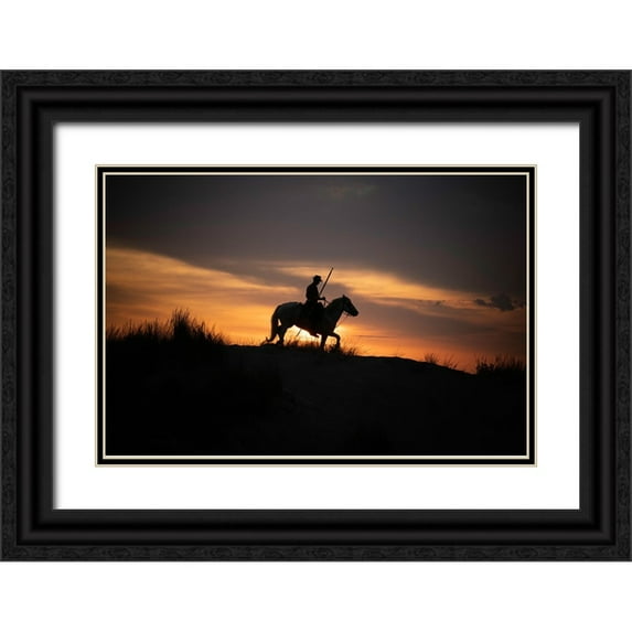 Jaynes Gallery 24x17 Black Ornate Wood Framed with Double Matting Museum Art Print Titled - Europe-France-Provence-Camargue horse with rider at sunrise