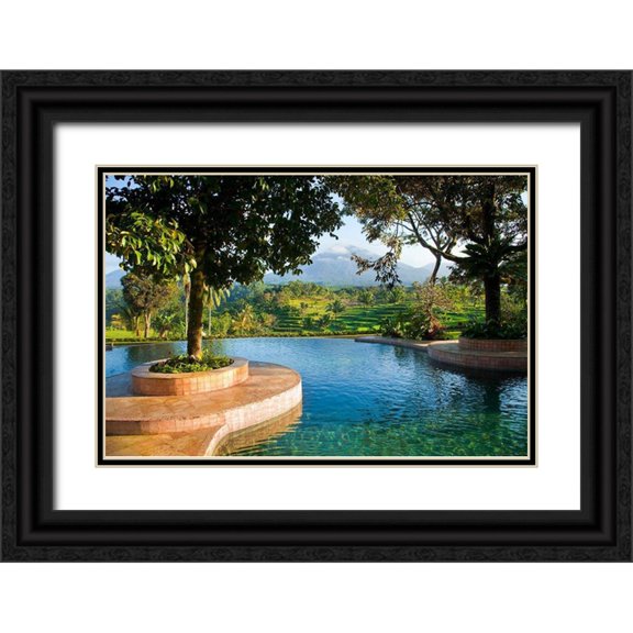 Jaynes Gallery 24x17 Black Ornate Wood Framed with Double Matting Museum Art Print Titled - Indonesia-Java Landscape with pool and rice terraces at resort