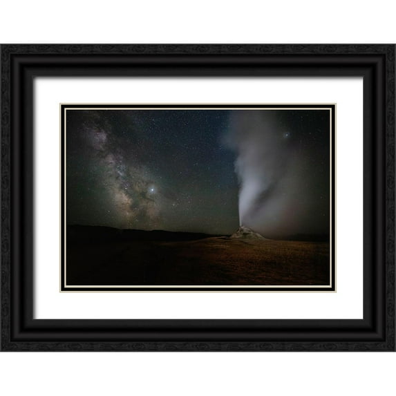 Jaynes Gallery 24x17 Black Ornate Wood Framed with Double Matting Museum Art Print Titled - Wyoming-Yellowstone National Park Milky Way above erupting White Dome Geyser
