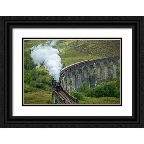 Jaynes Gallery 24x17 Black Ornate Wood Framed with Double Matting Museum Art Print Titled - Scotland The Jacobite Train on elevated track
