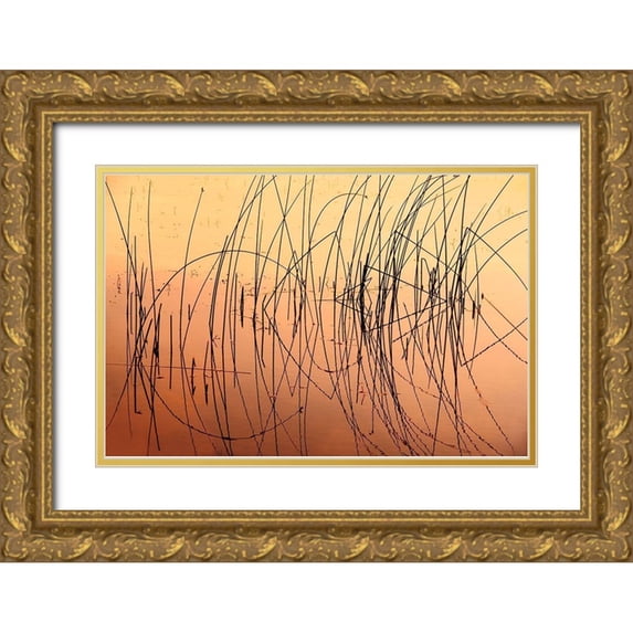 Jaynes Gallery 24x17 Gold Ornate Wood Framed with Double Matting Museum Art Print Titled - Canada-Saskatchewan-Saskatoon Island Provincial Park Reeds reflect on Saskatoon Lake at sunrise