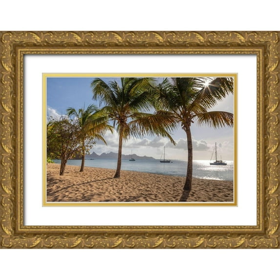 Jaynes Gallery 24x17 Gold Ornate Wood Framed with Double Matting Museum Art Print Titled - Caribbean-Grenada-Mayreau Island Sailboats at anchor off beach
