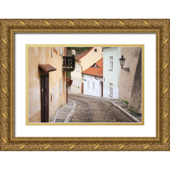 Jaynes Gallery 24x17 Gold Ornate Wood Framed with Double Matting Museum Art Print Titled - Europe-Czech Republic-Prague-Houses on cobblestone street