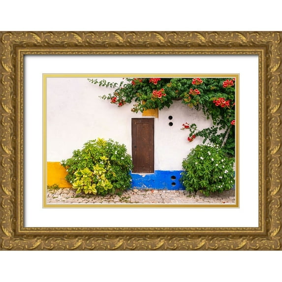 Jaynes Gallery 24x17 Gold Ornate Wood Framed with Double Matting Museum Art Print Titled - Europe-Portugal-Obidos-Colorful house