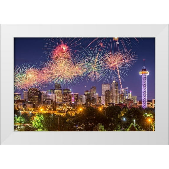 Jaynes Gallery 24x17 White Modern Wood Framed Museum Art Print Titled - Colorado-Denver Fireworks over city on July 4th