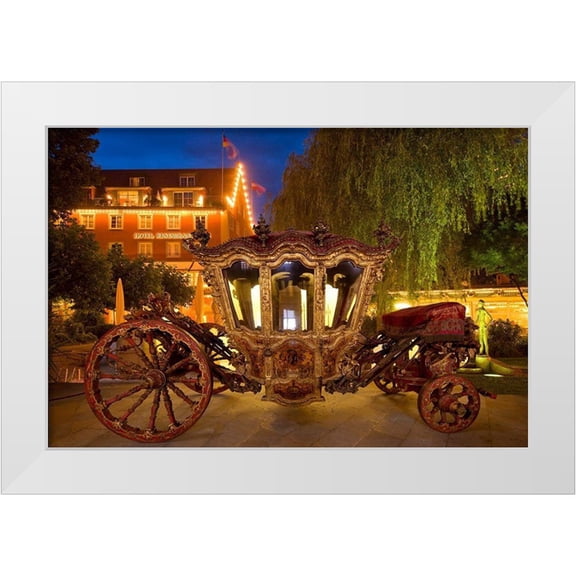 Jaynes Gallery 24x17 White Modern Wood Framed Museum Art Print Titled - Germany-Lindau Island-Lake Constance Victorian ornate carriage in front of hotel at night