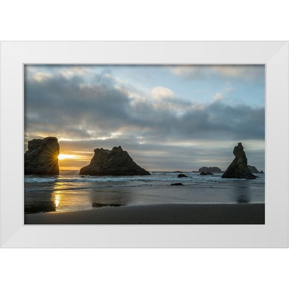 Jaynes Gallery 24x17 White Modern Wood Framed Museum Art Print Titled - Oregon-Bandon Beach Wizards Hat and other formations at sunset