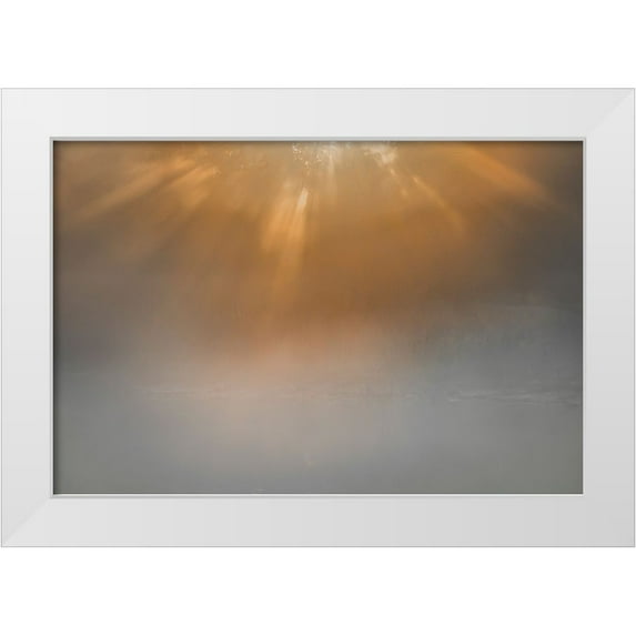 Jaynes Gallery 24x17 White Modern Wood Framed Museum Art Print Titled - USA-New Jersey-Cape May National Seashore Sunrise beams on foggy ocean