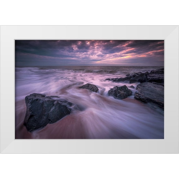 Jaynes Gallery 24x17 White Modern Wood Framed Museum Art Print Titled - USA-New Jersey-Cape May National Seashore-Sunrise on rocky shore and ocean