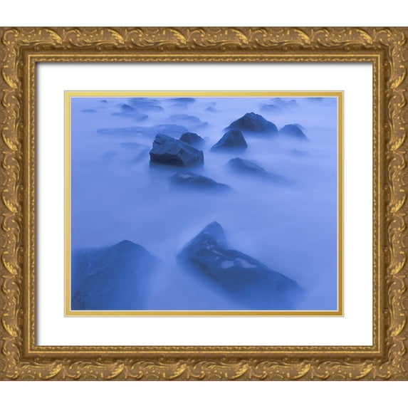 Jaynes Gallery 24x20 Gold Ornate Wood Framed with Double Matting Museum Art Print Titled - USA-New Jersey-Cape May National Seashore Sunrise mist on rocky shore