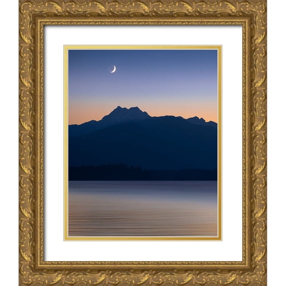 Jaynes Gallery 26x32 Gold Ornate Wood Framed with Double Matting Museum Art Print Titled - USA-Washington State-Seabeck Crescent moon at sunset over Hood Canal and Olympic Mountains
