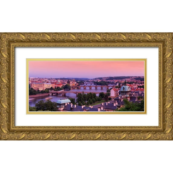 Jaynes Gallery 32x16 Gold Ornate Wood Framed with Double Matting Museum Art Print Titled - Europe-Czech Republic-Prague-Panoramic overview of Vltava River and bridges
