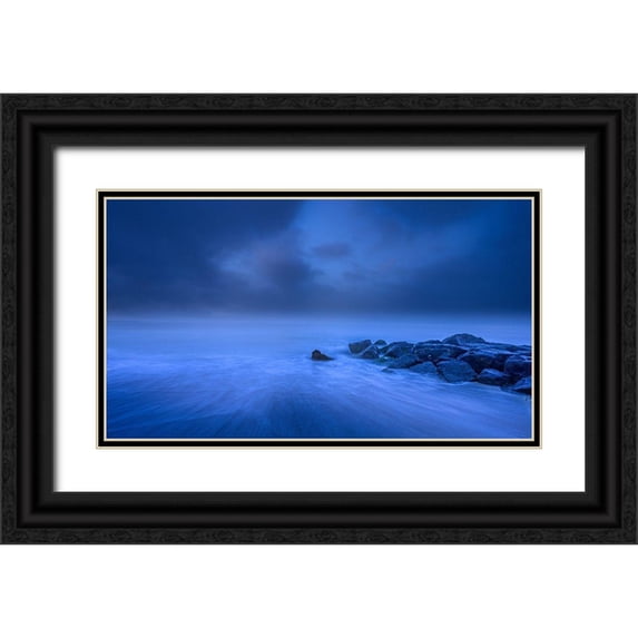 Jaynes Gallery 32x20 Black Ornate Wood Framed with Double Matting Museum Art Print Titled - New Jersey-Cape May National Seashore Foggy sunrise on water and rocks