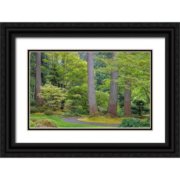 Jaynes Gallery 32x22 Black Ornate Wood Framed with Double Matting Museum Art Print Titled - Washington State-Bainbridge Island Garden path composite panoramic