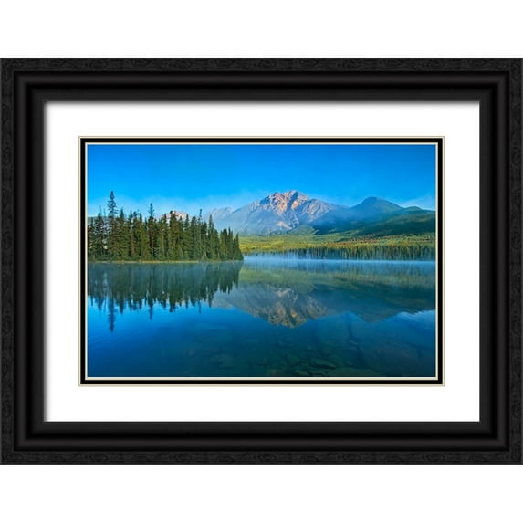 Jaynes Gallery 32x23 Black Ornate Wood Framed with Double Matting Museum Art Print Titled - Canada-Alberta-Jasper National Park Mountain and forest reflections in lake