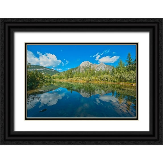 Jaynes Gallery 32x23 Black Ornate Wood Framed with Double Matting Museum Art Print Titled - Canada-Alberta-Kananaskis Country Mount Lorette reflects in Lorette Ponds