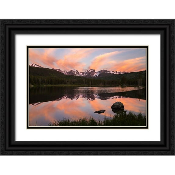 Jaynes Gallery 32x23 Black Ornate Wood Framed with Double Matting Museum Art Print Titled - Colorado-Rock Mountain National Park Sunrise reflection in Sprague Lake