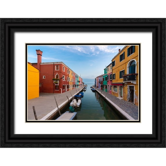 Jaynes Gallery 32x23 Black Ornate Wood Framed with Double Matting Museum Art Print Titled - Europe-Italy-Venice-Houses and boats on canal in Burano