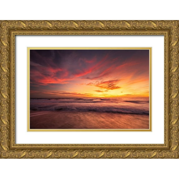 Jaynes Gallery 32x23 Gold Ornate Wood Framed with Double Matting Museum Art Print Titled - USA-New Jersey-Cape May National Seashore Sunset on ocean shore