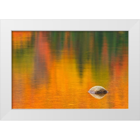 Jaynes Gallery 32x23 White Modern Wood Framed Museum Art Print Titled - Canada-Quebec-La Mauricie National Park Rock and autumn colors reflected in Lac Wapizagonke