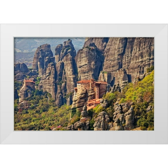 Jaynes Gallery 32x23 White Modern Wood Framed Museum Art Print Titled - Greece-Meteora Greek Orthodox monasteries in the mountains