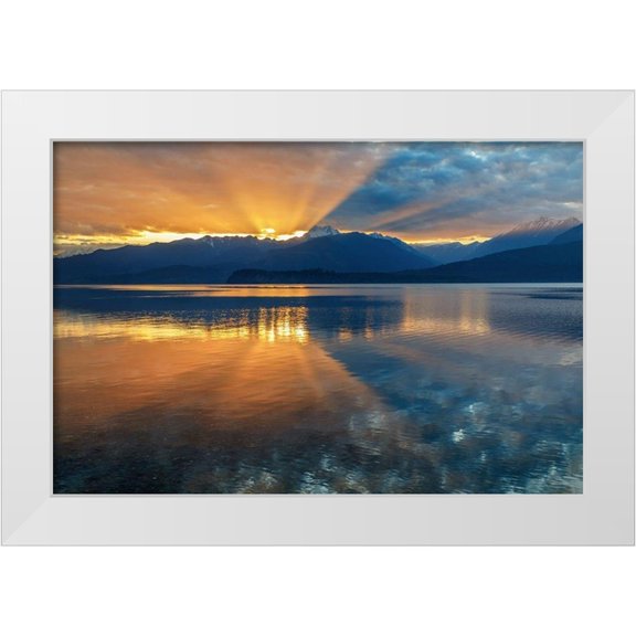 Jaynes Gallery 32x23 White Modern Wood Framed Museum Art Print Titled - Washington State-Seabeck Sunset over mountains and Hood Canal