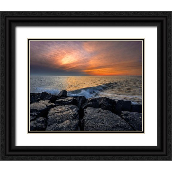 Jaynes Gallery 32x26 Black Ornate Wood Framed with Double Matting Museum Art Print Titled - New Jersey-Cape May National Seashore Sunset on ocean and rocks