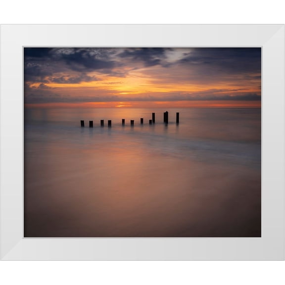 Jaynes Gallery 32x26 White Modern Wood Framed Museum Art Print Titled - USA-New Jersey-Cape May National Seashore Sunrise on pier posts on ocean shore