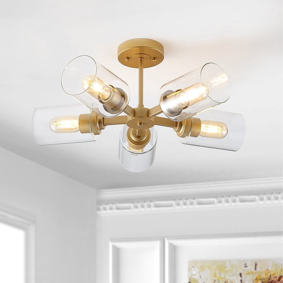 JONATHAN Y Jaymes 21.5" 5-Light Farmhouse Industrial Iron Cylinder LED Semi Flush Mount, Brass Gold/Clear, JYL9544A