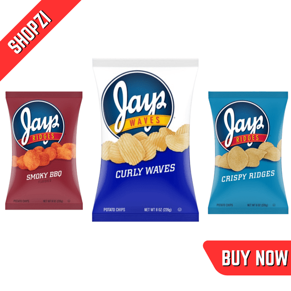 Jays Potato Chips Variety Pack, 12 Count (8 oz Bags, Crispy Ridges Original, Curly Waves, Smoky BBQ Ridges), Classic Crunchy Snack
