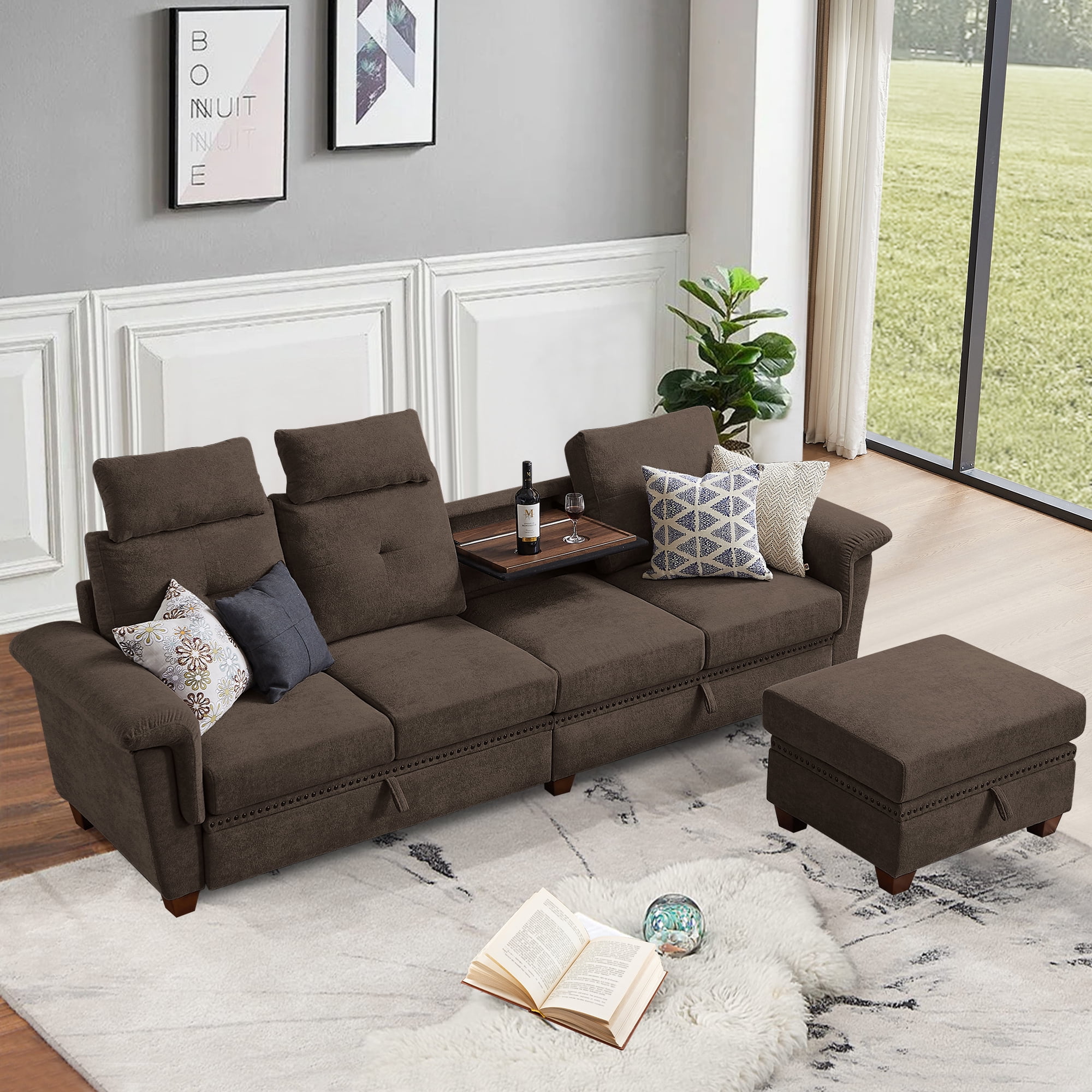 Pingliang Home 109" Sectional Sofa with Storage Ottoman & Coffee Table,4 Seat L Shaped Couch for Living Room,Apartment,Office,Studio