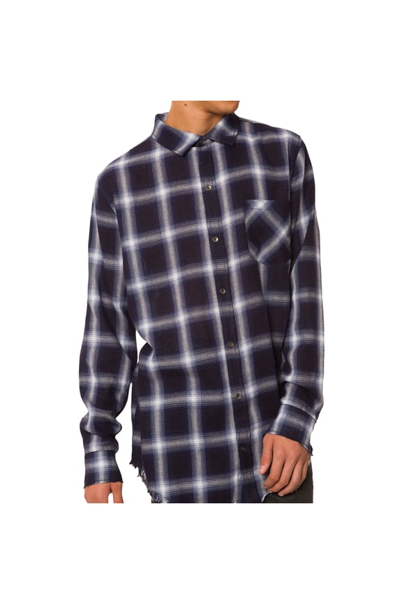 Mens Curved Hem Plaid Shirt Navy 2XL