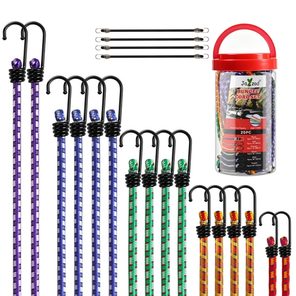 Jayzod 20Pack HeavyDuty Bungee Cords with Hooks, Assorted Sizes with Storage Jar for Outdoor Camping