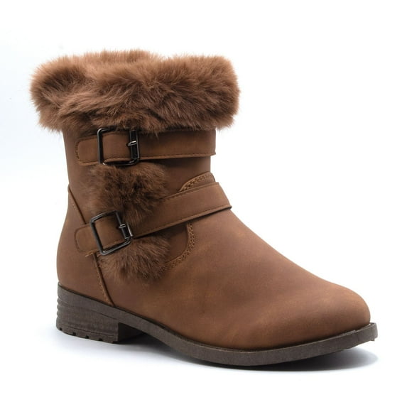 Jazamé Girls' Ankle High Zipped Faux Fur Collar Round Toe Dress Boots, Tan, 4