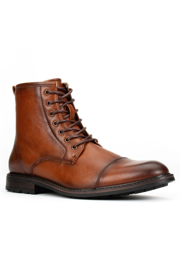 Jazamé Men's Carson Distressed Cap Toe Tall Motorcycle Miltiary Combat Boots, Cognac, 8.5