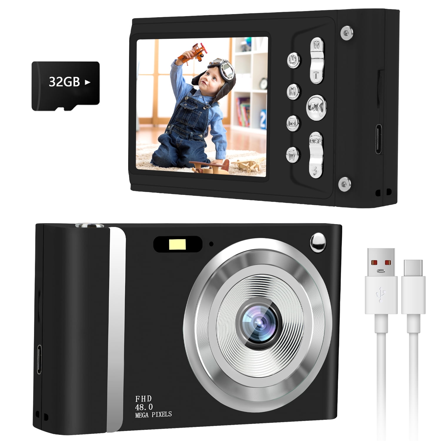 Jazeyeah 48 MP FHD 1080P Kids Digital Camera, 2.8-inch LCD Screen with 32GB Memory Card, Digital Point and Shoot Cameras with 16X Zoom Anti Shake, Perfect Gift for Teenagers(Black)
