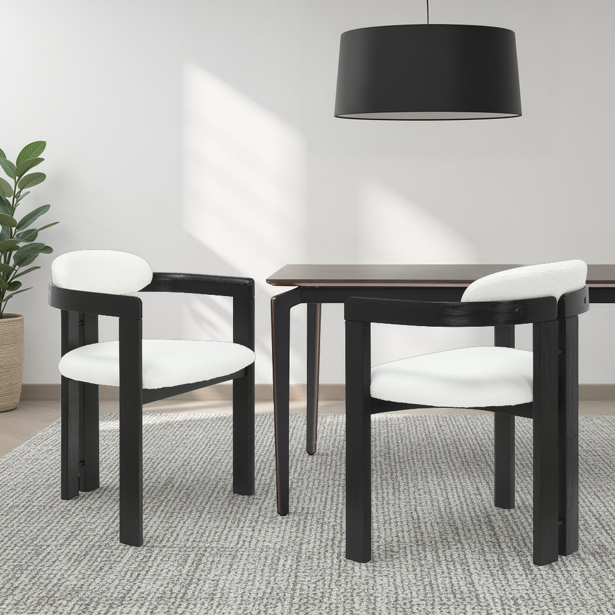 Jazmin White Curved Back Wood Dining Chair with Boucle Fabric Seat Set of 6