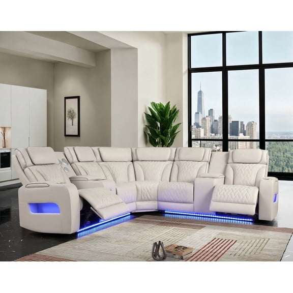 Jazmina 117"W Ice White Leather Aire Transformer Power Reclining Sectional Sofa with Power Headrest, Bluetooth Speakers, LED Lights, USB & USB-C