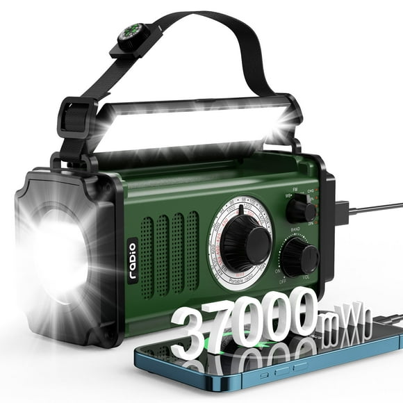 Jazmm 37000mWh Hand Crank Emergency Radio, Portable Solar AM/FM/NOAA Weather Radio with Rechargeable Battery Powered, USB Charger, SOS Alarm, Flashlight/Reading Lamp for Home Outdoor Survival(Green