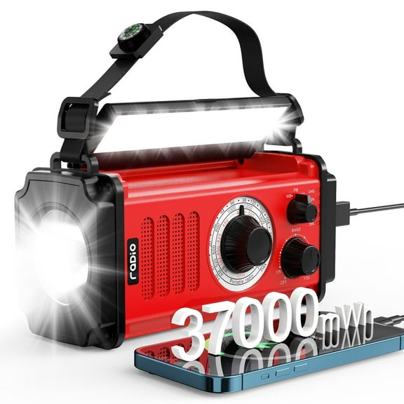 Jazmm 37000mWh Hand Crank Emergency Radio, Portable Solar AM/FM/NOAA Weather Radio with Rechargeable Battery Powered, USB Charger, SOS Alarm, Flashlight/Reading Lamp for Home Outdoor Survival(Red)